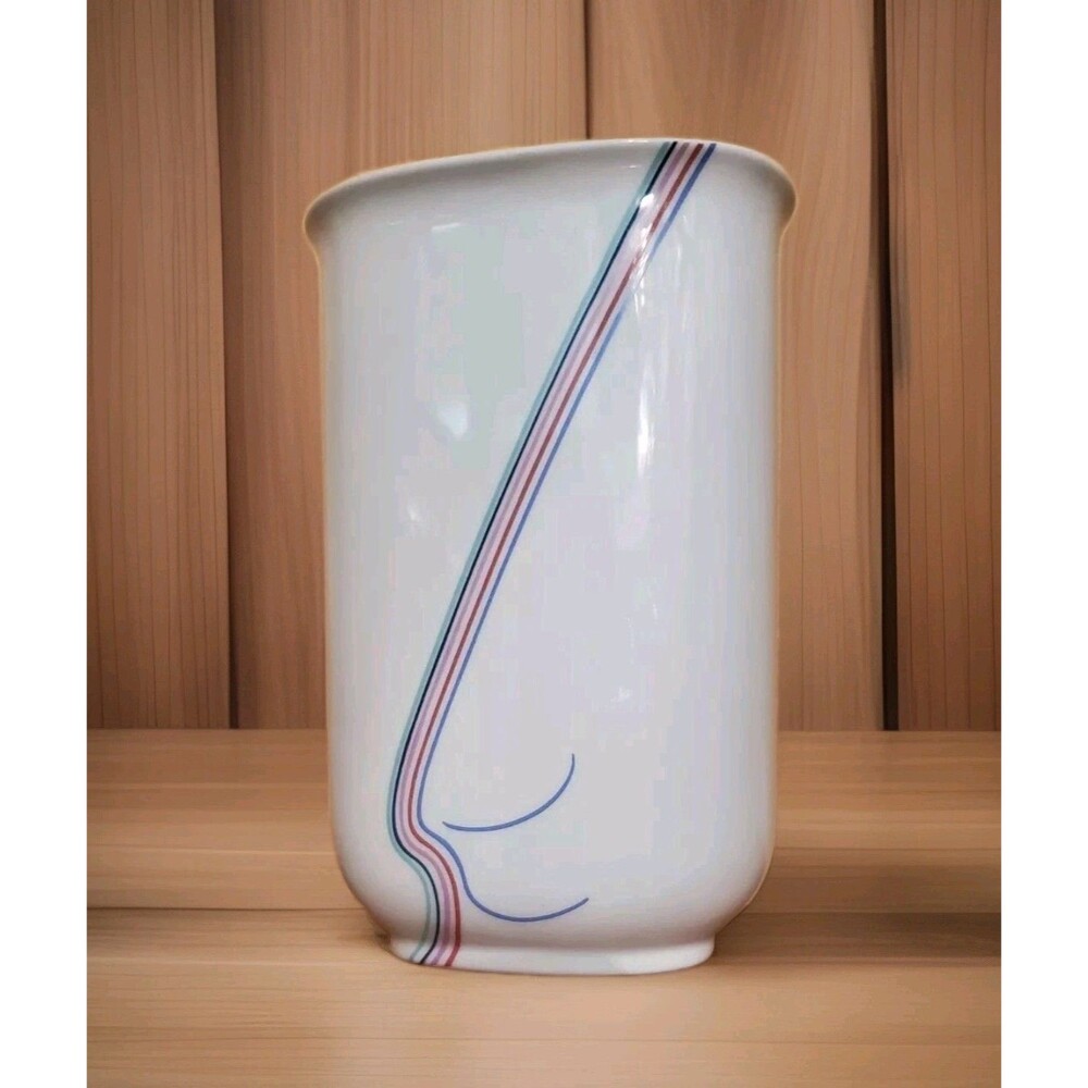 Vtg Rörstrand Vase Rainbow Stripe Oval B Vallien Ceramic Porcelain Vessel SWEDEN